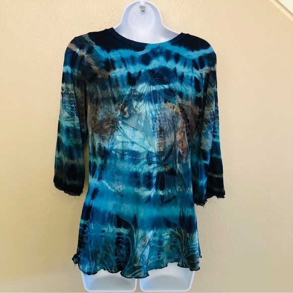 Mezon Woman’s Tie Dyed Burnout Silky Back 3/4 Sleeves Top Size S - Picture 2 of 15